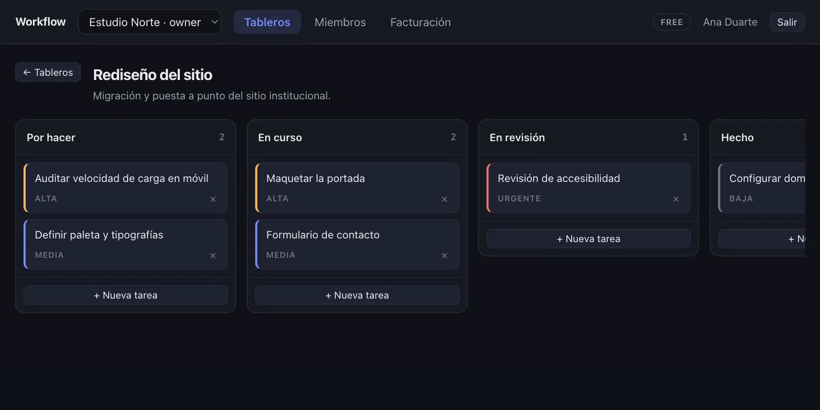 Workflow — tablero de tareas de un SaaS multiempresa